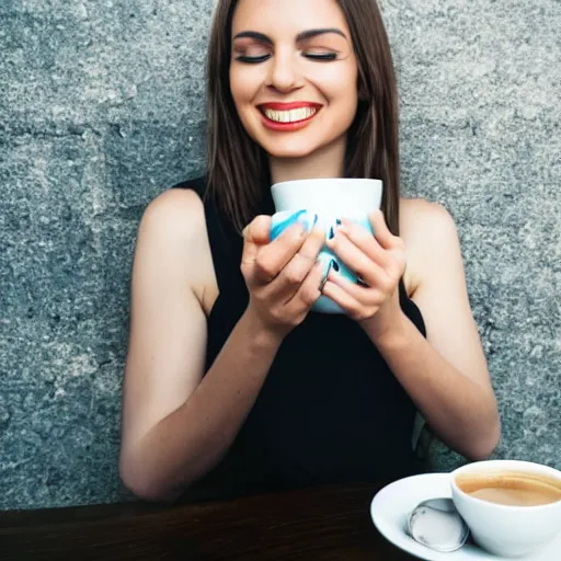 Prompt: a beautiful woman takes a cup of coffee