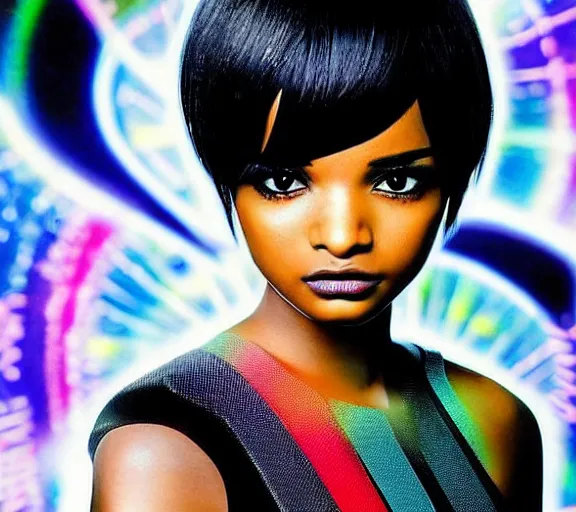 Prompt: very beautiful closeup portrait of a black bobcut hair style futuristic kyla pratt in a blend of manga - style art, augmented with vibrant composition and color, all filtered through a cybernetic lens, by hiroyuki mitsume - takahashi and noriyoshi ohrai and annie leibovitz, dynamic lighting, flashy modern background with black stripes