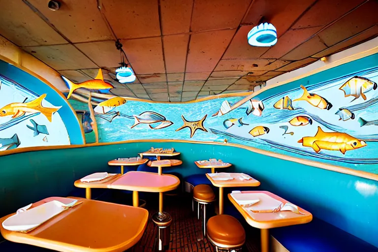 Prompt: 2 0 1 5 fish themed underwater american diner, googie architecture, two point perspective, americana, fishcore, restaurant interior photography, 8 5 mm, taken by alex webb