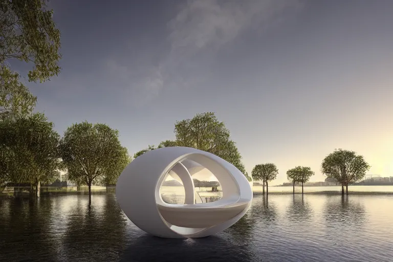 Image similar to a lot of white egg shaped spherical spaces are combined and intersected to form a skum white building. on the calm lake surface, people's perspective, future, interior wood, marble, award winning, highly detailed 4 k art, dusk, unreal engine highly rendered, global illumination, radial light, internal environment