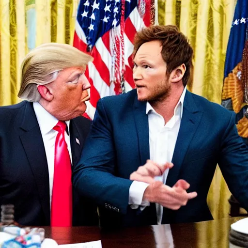 Prompt: donald trump with no shirt feeding chris pratt while slapping his bottom