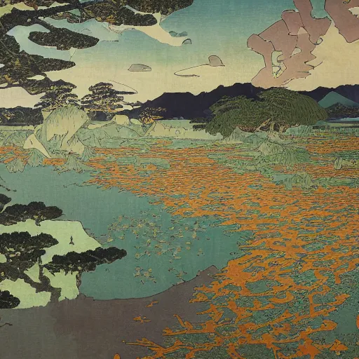 Prompt: a painting of a map landscape with a lot of trees and communities, a detailed painting from above by mikhail vrubel, katsushika hokusai, tom thomson, polycount contest winner, space art, detailed painting, ukiyo - e, apocalypse landscape