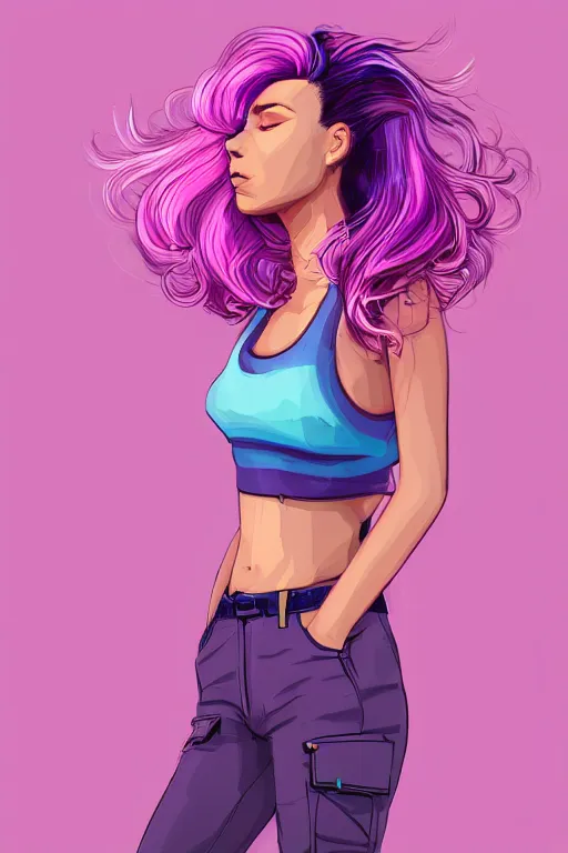 Image similar to a award winning half body portrait of a beautiful woman in a croptop and cargo pants with ombre purple pink teal hairstyle with head in motion and hair flying by wlop, outrun, vaporware, shaded flat illustration, digital art, trending on artstation, highly detailed, fine detail, intricate