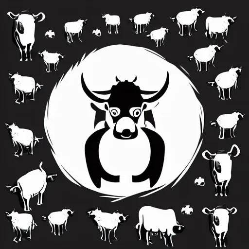 Image similar to the devil, cow, pig, sheep, chicken, summoning circle, white on black vector ink drawing, demonic, diabolic, hostile