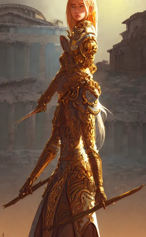 Image similar to portrait knights of zodiac girl, golden and copper shining armor, in ruined agora of athens sunrise, ssci - fi and fantasy, intricate and very very beautiful and elegant, highly detailed, digital painting, artstation, concept art, smooth and sharp focus, illustration, art by tian zi and wlop and z - - ed and ilya kuvshinov