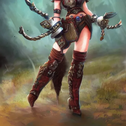 Prompt: world of war craft character concept art, pin up bovine female warrior spell caster cow