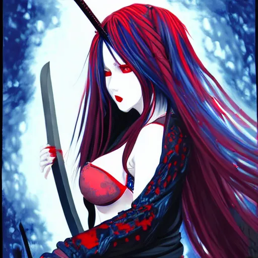Image similar to seductive female vampire holding a bloodied katana, in the rain, highly detailed, painting, dark red and azure blue and black color palette, intricate, high quality anime artstyle, in the style of sana takeda