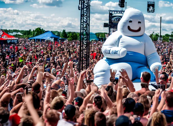 Prompt: photo still of the michelin man on stage at vans warped tour!!!!!!!! at age 3 8 years old 3 8 years of age!!!!!!! stage diving into the crowd, 8 k, 8 5 mm f 1. 8, studio lighting, rim light, right side key light