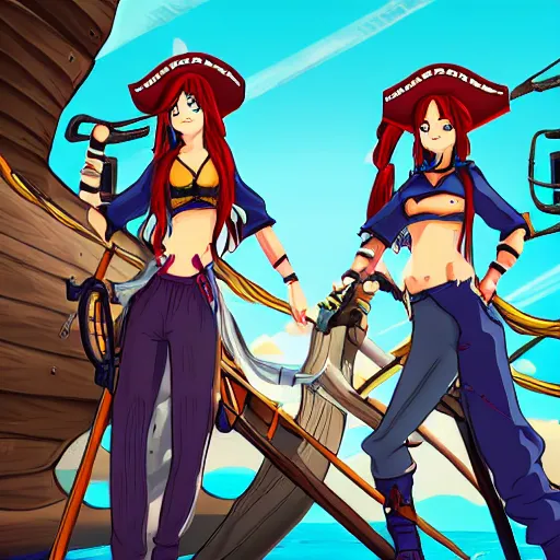 Image similar to two beautiful female pirate captains in a stand off from their boats, detailed anime art