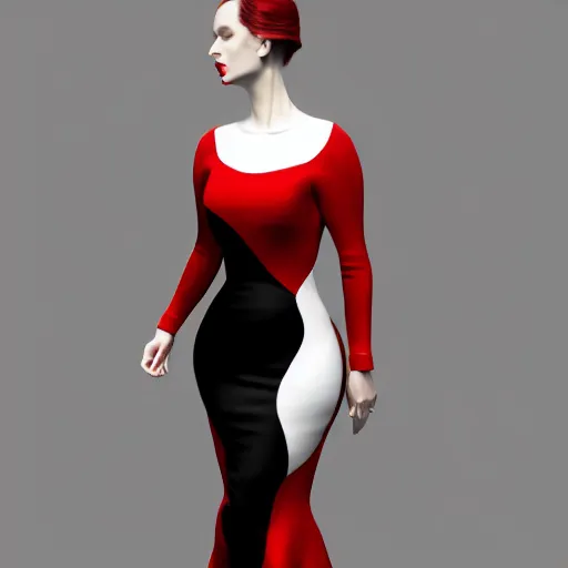 Prompt: portrait of a classy pale goth woman with elegant curvy multilayered red-white-black nylon high-neck dress, thin waist, photorealistic, sublime, 16k, smooth, sharp focus, cgsociety, trending on ArtStation, volumetric lighting