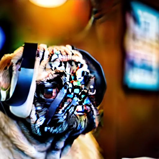 Image similar to film still medium shot a pug wearing a vr headset in a coffee shop, leica sl 2 5 0 mm, vivid color, high quality, high textured, real life