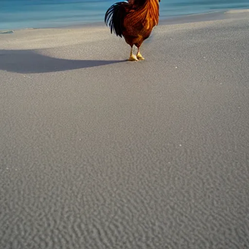 Image similar to a photograph of a rooster standing on a beautiful white sand Philippines beach