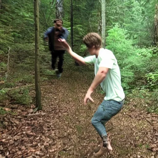 Prompt: drunk justin bieber chasing you in a forest, trailcam footage