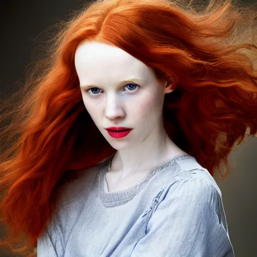 Prompt: hyper realistic photography beautiful girl, face tamzin merchant, red hair, style of division, by camille pissarro,