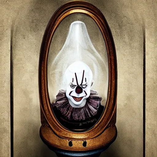 Prompt: michal karcz surrealism cartoon painting of pennywise trapped in an hourglass. , horror theme, detailed, elegant, intricate, 4k, Renaissance painting