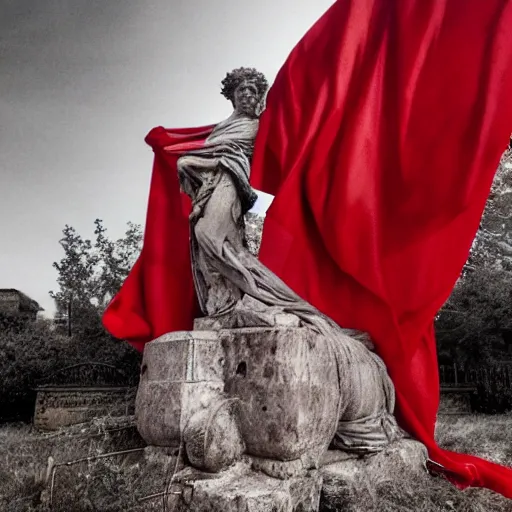 Image similar to a roman statue covered by red cloth that's blowing in the wind, digital art, concept art, cloth simulation with houdini, octane, redshift, 8 k