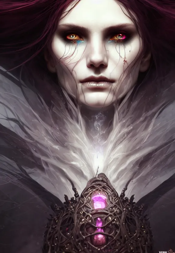 Image similar to Necromancer Sorceress face close-up macro in center, fantasy magic, undercut hairstyle, dark light night, intricate, elegant, sharp focus, illustration, highly detailed, digital painting, concept art, matte, art by WLOP and Artgerm and Greg Rutkowski and Alphonse Mucha, masterpiece