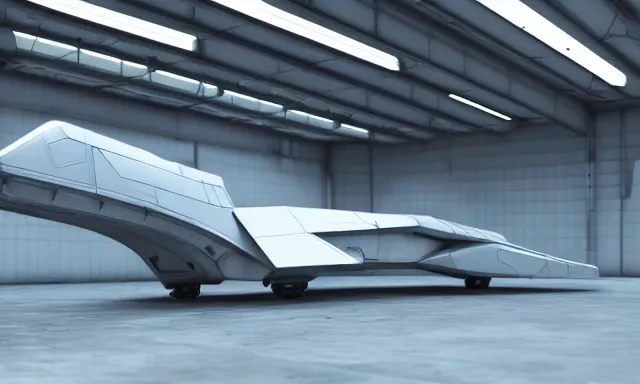 Image similar to digital painting, octane render, high quality, unreal engine 5, spaceship in hangar