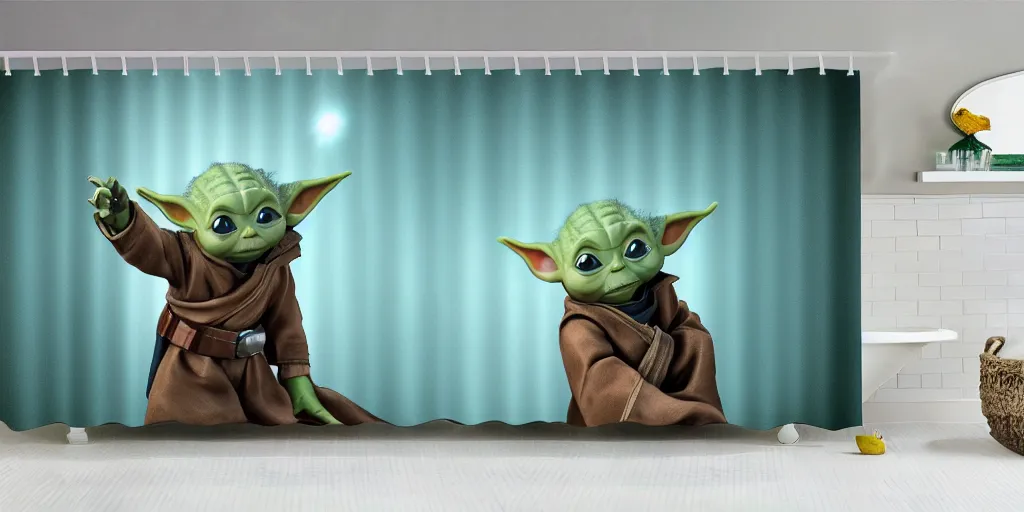 Image similar to a ( ( ( ( ( mando mandalorian ) ) ) ) ) baby yoda playing and running themed shower curtain, shower curtain. product photography. product lighting. digital art. 4 k, highly detailed. saturated. photorealistic.