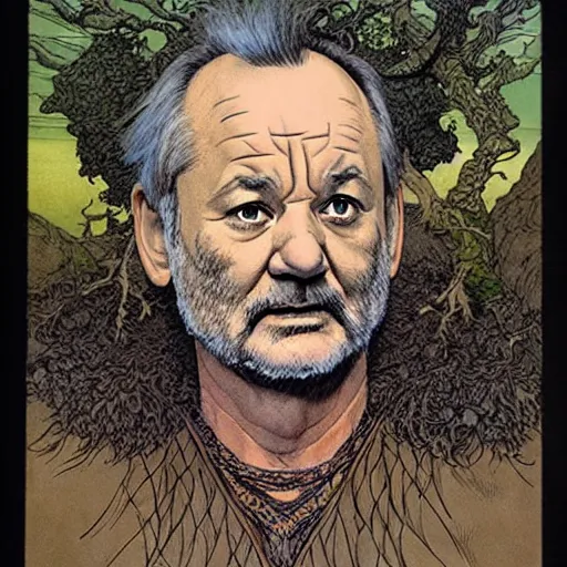 Prompt: a realistic and atmospheric portrait of bill murray as a druidic warrior wizard looking at the camera with an intelligent gaze by rebecca guay, michael kaluta, charles vess and jean moebius giraud