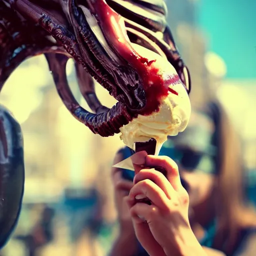 Image similar to portrait of a xenomorph eating ice cream on a hot sunny day, photography