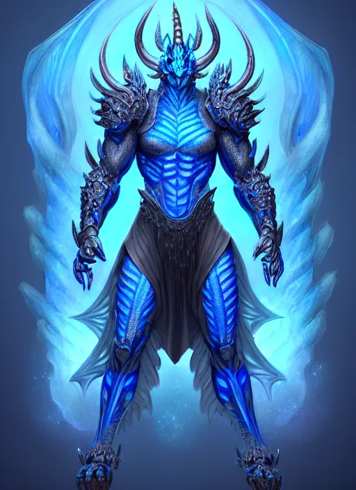 Image similar to muscular and tall blue ghostly fire humanoid dragon!!!! draconian!! intricate ornate iridescent heavy armor!! character concept art, sharp focus, octane render! unreal engine 5! highly rendered!! trending on artstation!! detailed linework!! illustration by artgerm, wlop, and chie yoshii