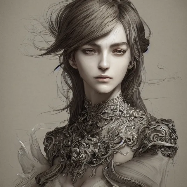 Prompt: a portrait of a lawful evil alignment personified as an absurdly beautiful, graceful, elegant, sophisticated, evil young sensual french girl, an ultrafine hyperdetailed illustration by kim jung gi, irakli nadar, detailed faces, intricate linework, octopath traveler, final fantasy, unreal engine 5 highly rendered, global illumination, radiant light, detailed and intricate environment