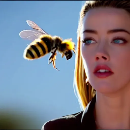 Image similar to ' amber heard'stepping on a bee, cinematic scene, clean composition, 8 mm