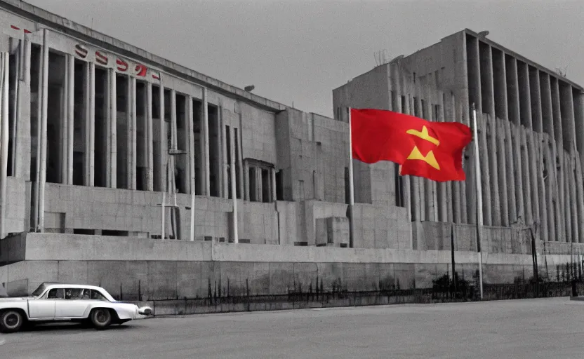 Image similar to 60s movie still of a stalinist style sovietic parlement with a giant USSR flag, by Irving Penn , cinestill 800t 35mm eastmancolor, heavy grainy picture, very detailed, high quality, 4k, HD criterion, precise texture, panoramic, cinematic