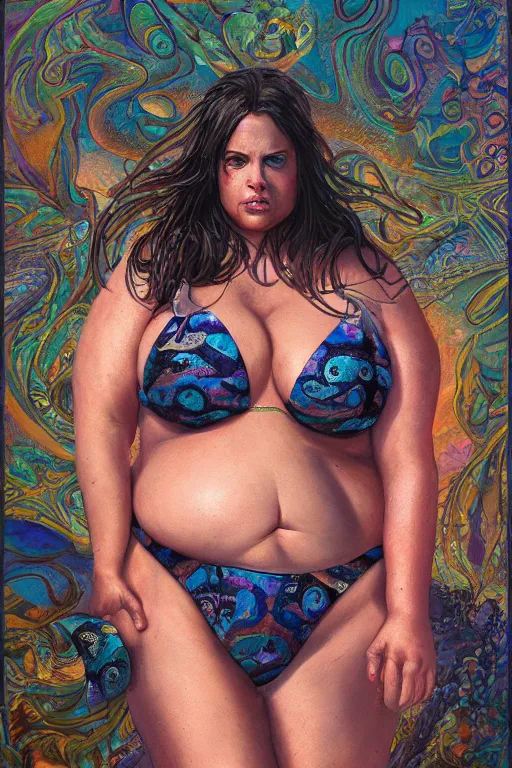 Prompt: a detailed upper body portrait of jessica jones as a fat obese bikini model. psychedelic lovecraftian surrealism. oil on canvas, black oil bath. in the style of thomas kincade, ross tran, and dan mumford.