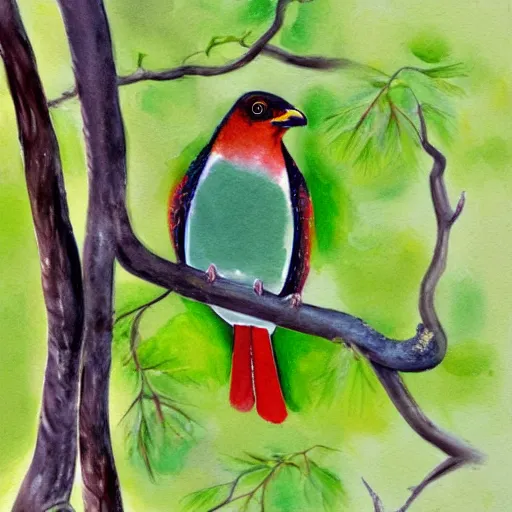 Prompt: A realistic painting of a Trogon in a wild avocado tree, watercolour, pastel colours