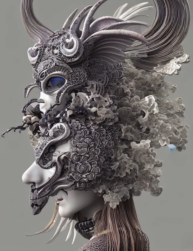 Image similar to 3 d goddess close - up profile solarpunk portrait ram skull. beautiful intricately detailed japanese crow kitsune mask and clasical japanese kimono. betta fish, jellyfish phoenix, bio luminescent, plasma, ice, water, wind, creature, artwork by tooth wu and wlop and beeple and greg rutkowski