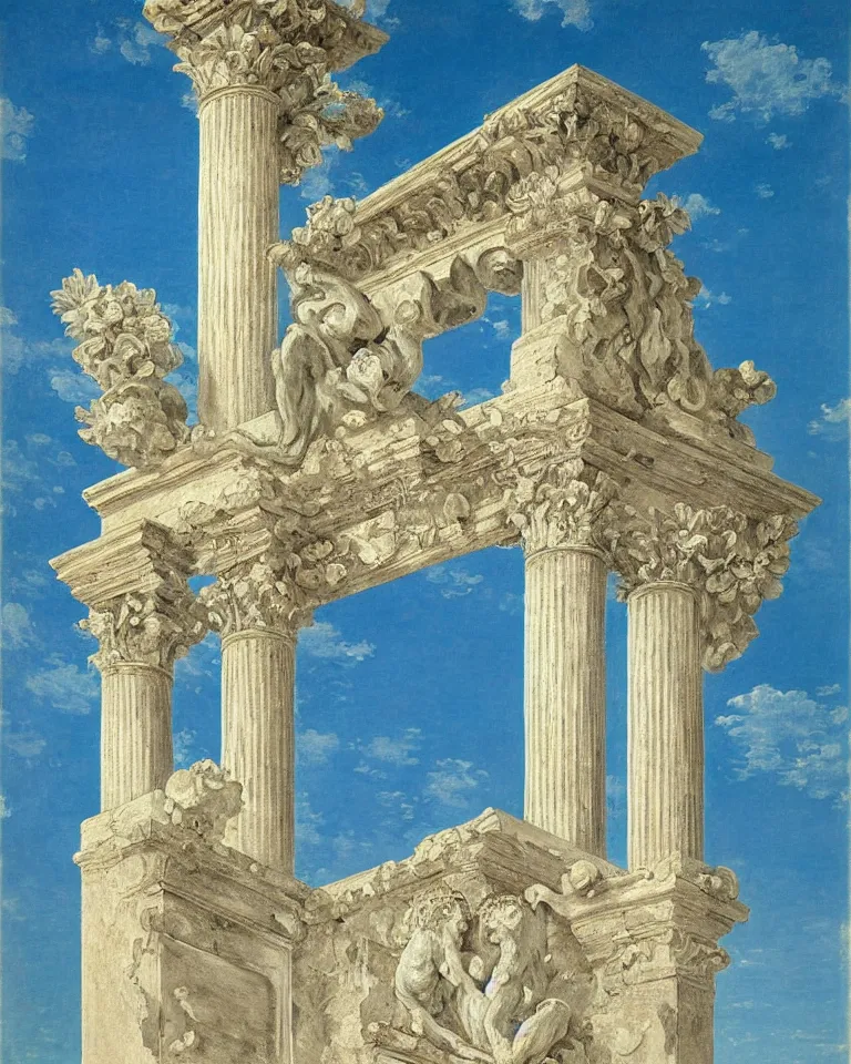 Image similar to achingly beautiful painting of intricate ancient roman ionic capital on a baby blue background by rene magritte, monet, and turner. giovanni battista piranesi.