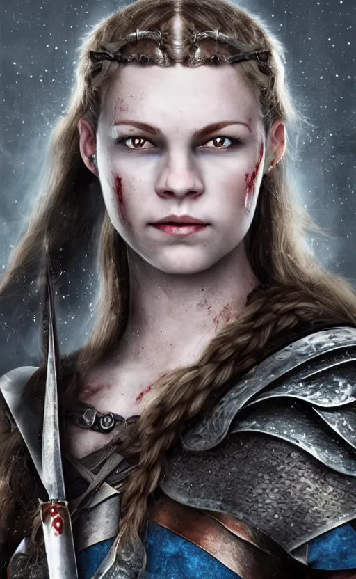 Prompt: photorealistic portrait of female viking warrior with black hair and bloody nose, blue eyes, porcelain skin, shoulders, determined