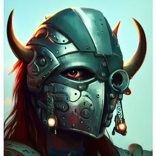 Image similar to cyberpunk viking helmet mask warrior goddess robot ninja fantasy, art gta 5 cover, official fanart behance hd artstation by jesper ejsing, by rhads, makoto shinkai and lois van baarle, ilya kuvshinov, ossdraws