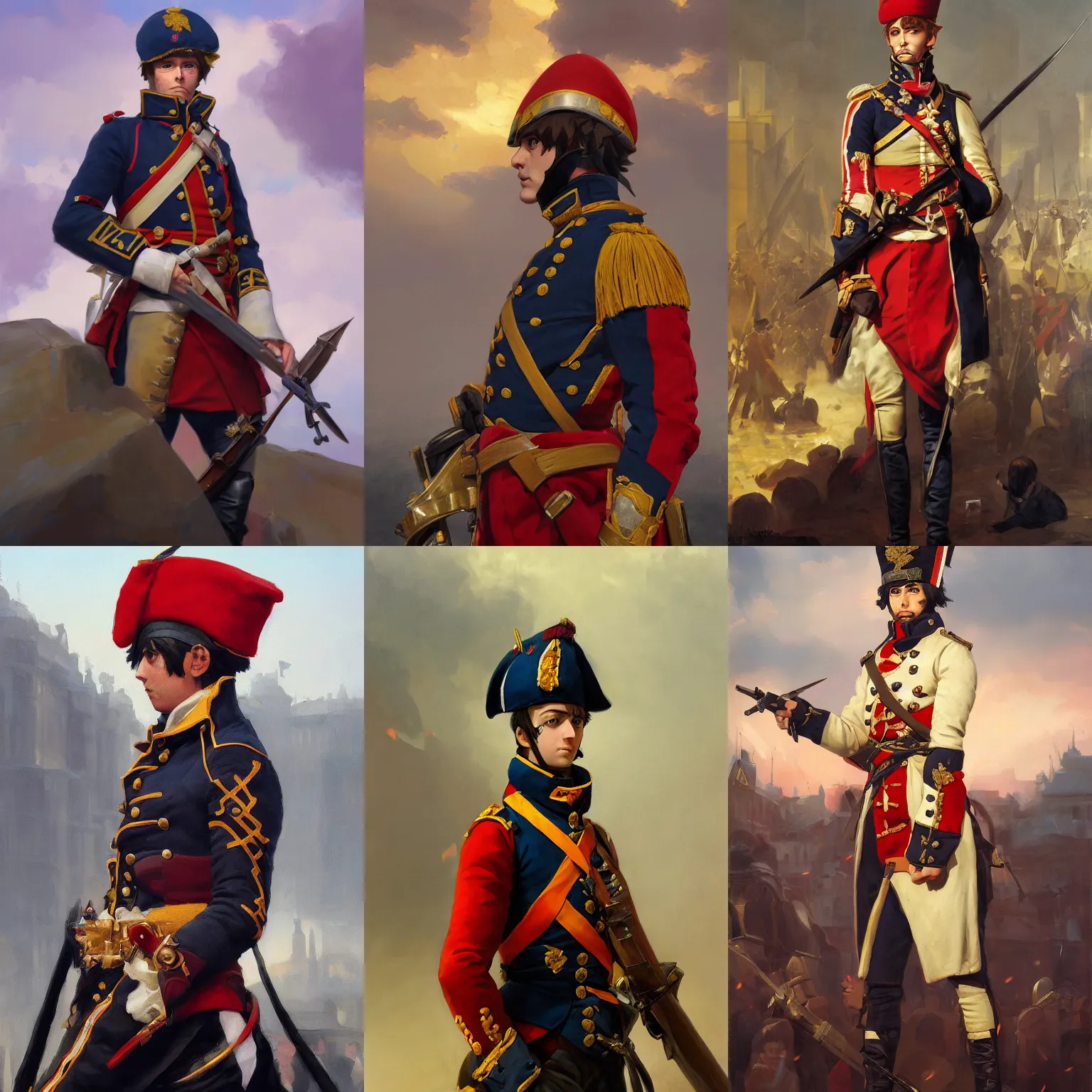 Prompt: a portrait of a napoleonic soldier, parade setting, vivid colors, soft lighting, atmospheric, cinematic, moody, in the style of ilya kuvshinov and range murata, krenz cushart, rule of thirds, oil on canvas, 8 k