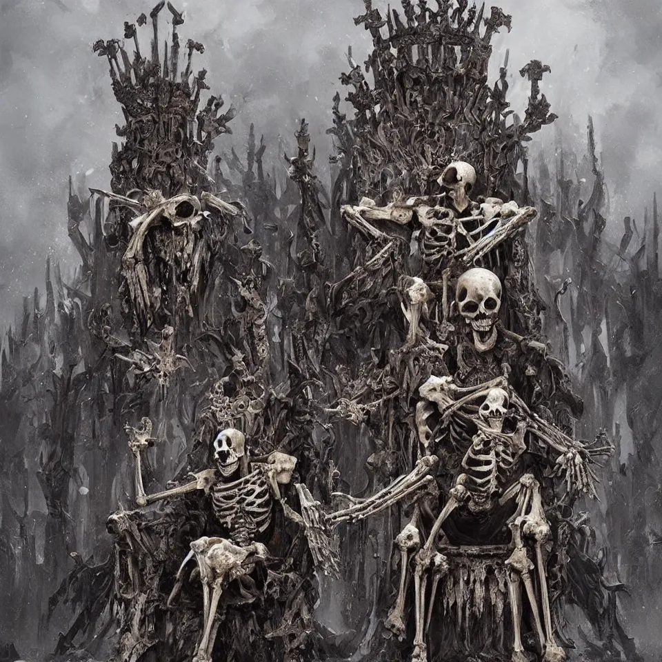 Prompt: a skeleton king with a crown made of bones, sitting on a throne made of bones, artwork by greg rutkowski,