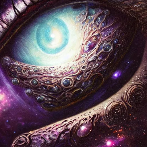 Image similar to low angle shot of a eye with the galaxy in the iris by clive barker, intricate, elegant, highly detailed, centered, digital painting, artstation, concept art, smooth, sharp focus, illustration, artgerm, Tomasz Alen Kopera, Peter Mohrbacher donato giancola, Joseph Christian Leyendecker, WLOP, Boris Vallejo.