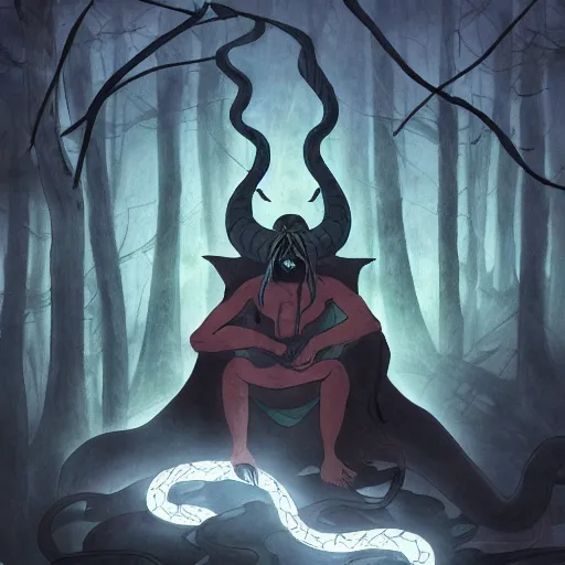 Prompt: kabuto the dragon sage meditates in a dark forest. surrounded by serpents of all sized, orochimaru madara narutoverse stylized beautiful lighting moody gloomy