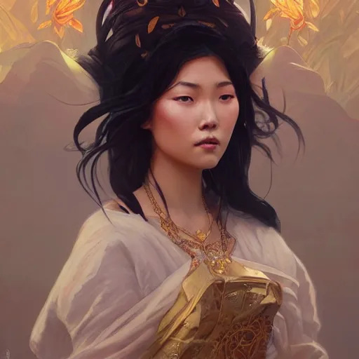 Prompt: An Asian wind goddess, portrait, highly detailed, digital painting, artstation, concept art, sharp focus, illustration, cinematic lighting, art by artgerm and greg rutkowski and alphonse mucha