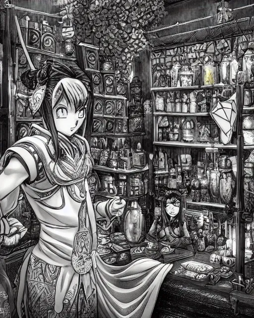 Image similar to A merchant selling treasuries and potions, high detailed store, black and white, fantasy art, in the style of masami kurumada, illustration, epic, fantasy, intricate, hyper detailed, artstation, concept art, smooth, sharp focus, ray tracing