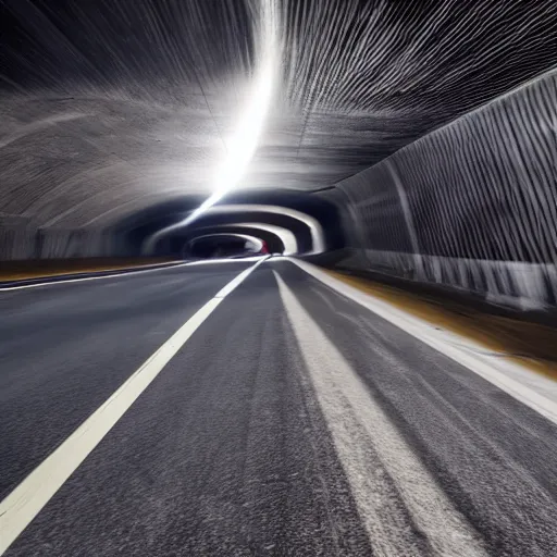 Image similar to a photo of an F22 flying towards the camera, speeding and exiting a tight well-lit highway tunnel, cinematic lighting, long shot angle, centered composition, 1/400 f5 ISO400 11mm lens, 4k