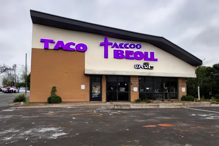 Prompt: a photo of an abandoned taco bell, high definition