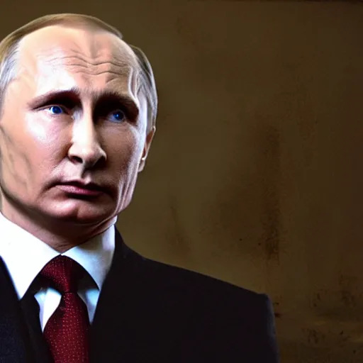 Image similar to cinematic still from a movie about putin played by colin ferrell