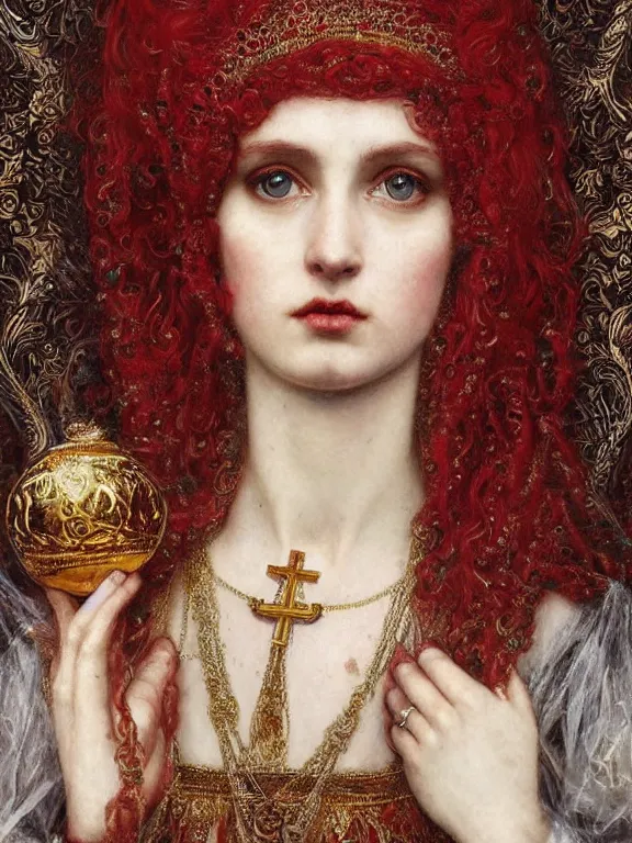 Image similar to a beautiful render of a catholic veiled red queen with symmetry intricate detailed ,by Andrei Riabovitchev,Lawrence Alma-Tadema,aaron horkey,Billelis,trending on pinterest,gold,golden ratio,cinematic lighting