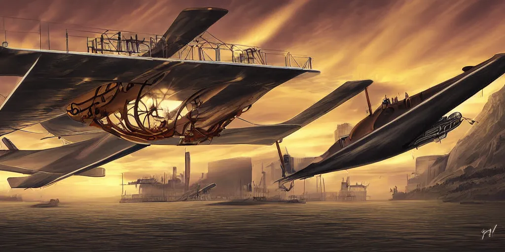 Image similar to Steampunk Air Haven, old school zeppelin, byplanes, landing platform digital Art, sunset lighting