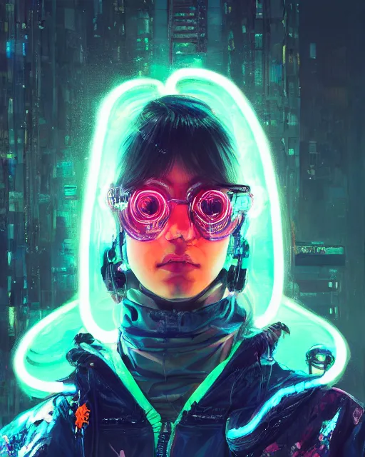 Image similar to detailed portrait Neon Operator Girl, cyberpunk futuristic neon, reflective puffy coat, decorated with traditional Japanese ornaments by Ismail inceoglu dragan bibin hans thoma greg rutkowski Alexandros Pyromallis Nekro Rene Maritte Illustrated, Perfect face, fine details, realistic shaded, fine-face, pretty face