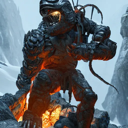 Image similar to intricate digital art of the god of the forge, resides in the mountains, in solitude, waiting, for his rematch, vs his eternal rival, epic confrontation, breathtaking, cinematic, dramatic, octane, arnold, physically based render, 8 k, uhd, unreal engine 5, award - winning movie