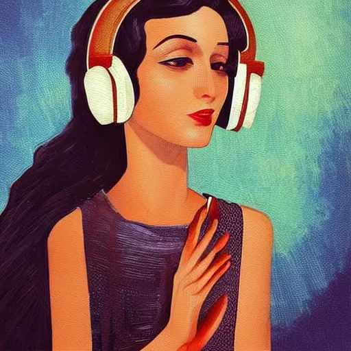 Prompt: intricate, amazing, art deco, retro vintage and romanticism, painting by niloufer wadia, soft color palette, highly detailed, godess with headphones from space sci - fi of ancient religion