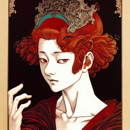 Image similar to prompt: Portrait painted in renaissance style drawn by Katsuhiro Otomo and Takato Yamamoto, inspired by Fables, china doll face, smooth face feature, intricate oil painting, high detail, sharp high detail, manga and anime 2000